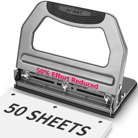 AFMAT Heavy Duty 3 Hole Punch, 50-Sheet, 50% Reduced Effort, Adjustable Two & Three Hole Punch