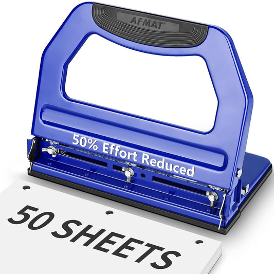 AFMAT Heavy Duty 3 Hole Punch, 50-Sheet, 50% Reduced Effort, Adjustable Two & Three Hole Punch