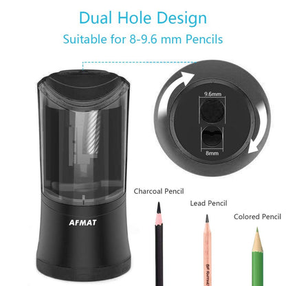 AFMAT Rechargeable Long Point Pencil Sharpener, 2 Holes, Fast Sharpen & Auto Stop, 8-17mm