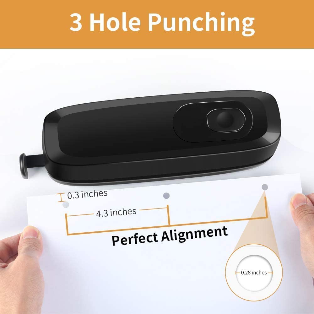 Electric 3 Hole Paper Punch, VEYETTE Heavy Duty Commercial Hole, Color BLACK.